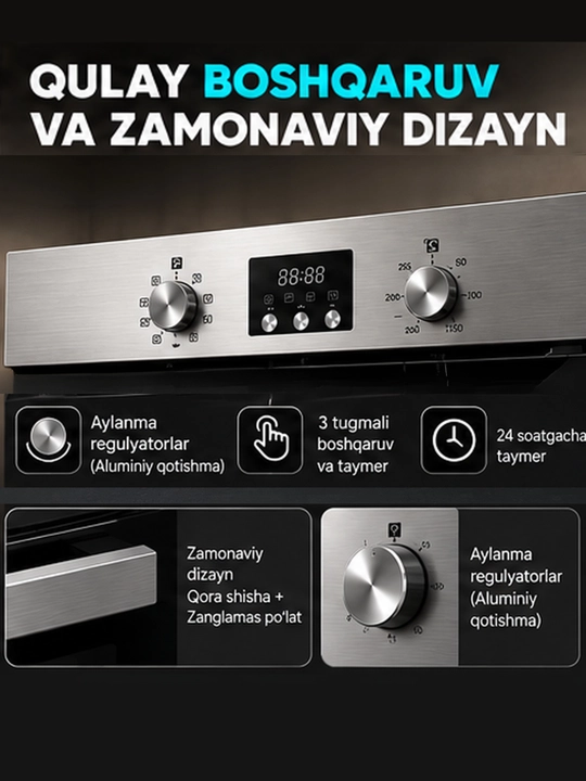 Hisense HBO60103 o‘rnatiladigan elektr duxovka, 61 litr, 2900 Vt, 8 ta funksiya