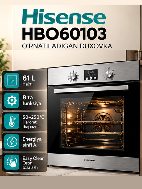 Hisense HBO60103 o‘rnatiladigan elektr duxovka, 61 litr, 2900 Vt, 8 ta funksiya - 