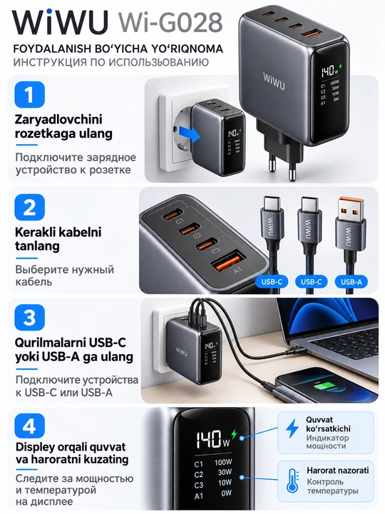 Зарядное устройство GaN 140 вт WiWU Wi-G028, дисплей, 3 USB-C и USB-A - 