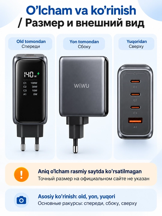 Зарядное устройство GaN 140 вт WiWU Wi-G028, дисплей, 3 USB-C и USB-A