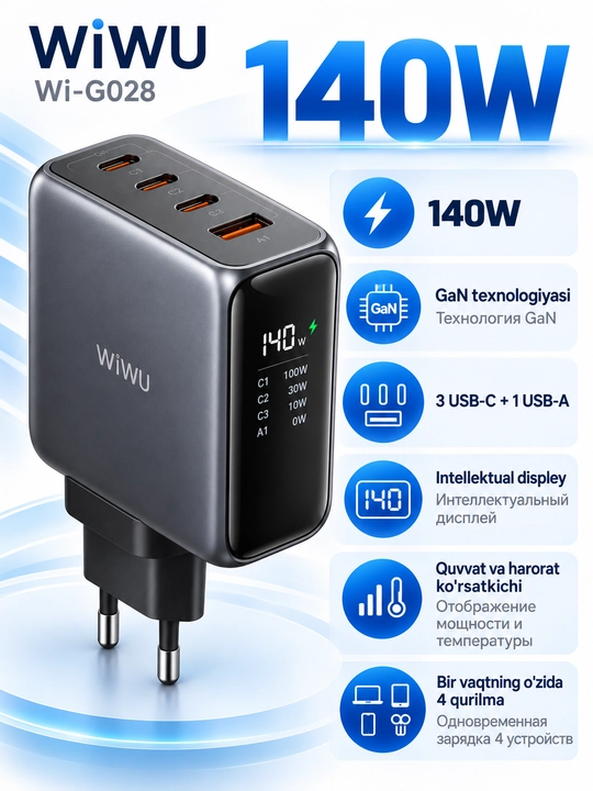 Зарядное устройство GaN 140 вт WiWU Wi-G028, дисплей, 3 USB-C и USB-A