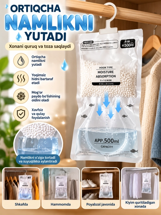 Namlik yutuvchi osma paket, shkaf va hammom uchun nam tortuvchi, mog‘orga qarshi vosita - 