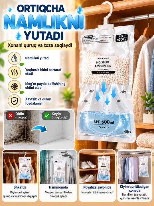 Namlik yutuvchi osma paket, shkaf va hammom uchun nam tortuvchi, mog‘orga qarshi vosita