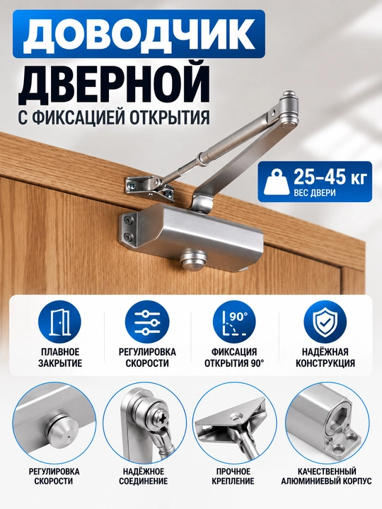 25–45 kg eshiklar uchun eshik yopgich, davodchik, 90° ochiq holatda sozlash funksiyali - 