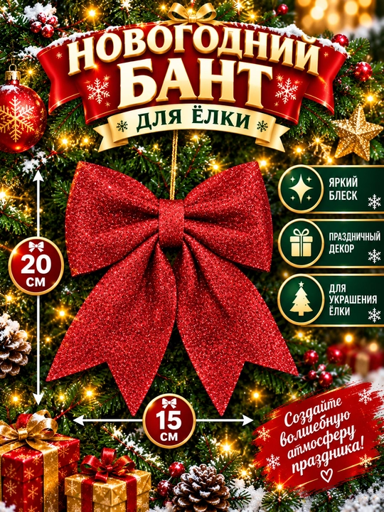 Yangi yil uchun archa bezagi — yaltiroq qizil va oltin rangli dekorativ bant