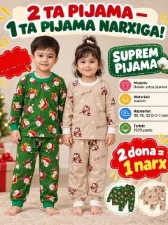 Bolalar pijamasi, o'g'il va qizlar uchun yotoq kiyimi, 100% paxta - 