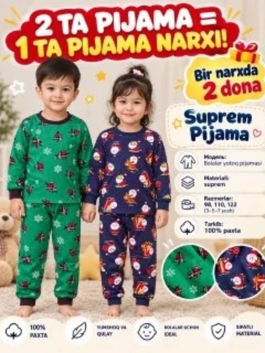 Bolalar pijamasi, o'g'il va qizlar uchun yotoq kiyimi, 100% paxta - 