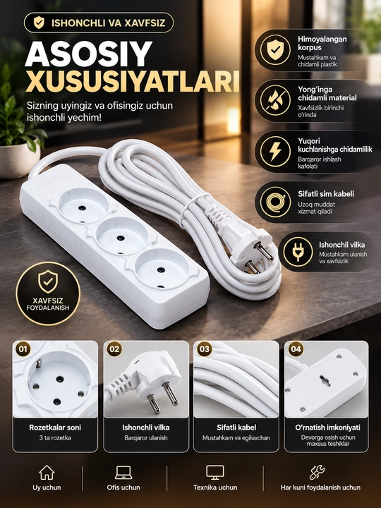 Elektr uzaytirgich, udlinitel, 2m va 4 m, oq rangda