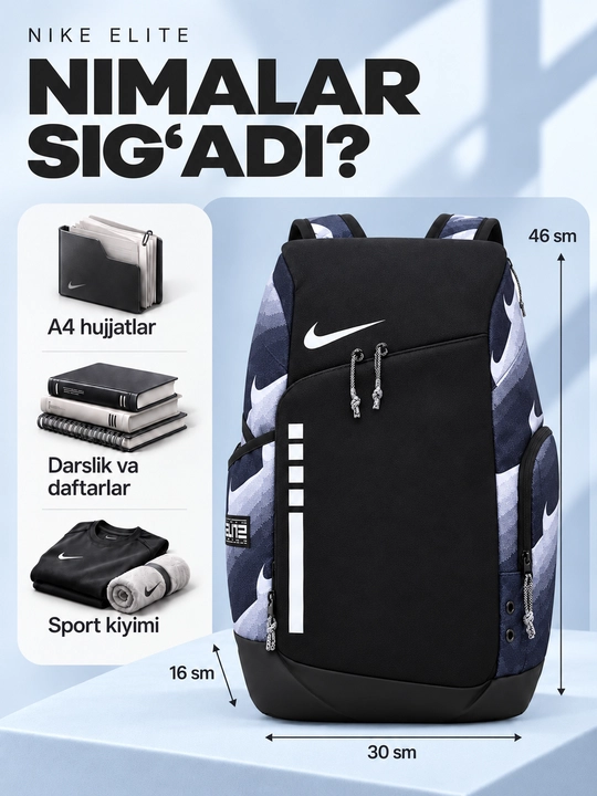 Nike Elite ryukzak erkaklar va ayollar uchun, sport, maktab, ish va o‘qish uchun, uniseks