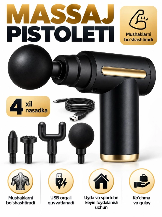 Zarbali massaj aparati Fascial Massage Gun, tana uchun perkussion massajyor,4 ta nasadka - 