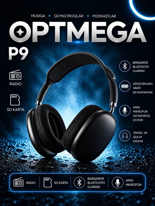 OPTMEGA P9 simsiz Bluetooth quloqchinlari mikrofon, radio va SD karta uyasi bilan