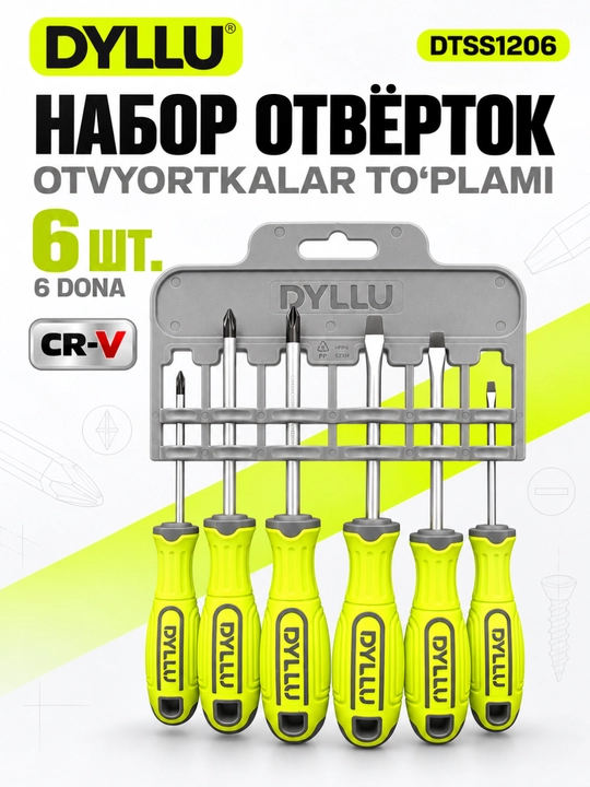 DYLLU DTSS1206 otvyortkalar to‘plami, 6 dona, SL/PH, Cr-V, ushlagich bilan - 