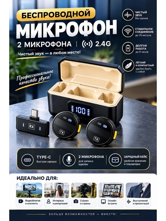 Беспроводной, микрофон, микрофон для телефор, микрофон для телефор пк, петличка 2 шт, ANC - 