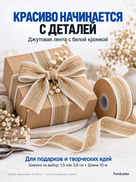 Джутовая лента для упаковки подарков, декора и рукоделия, с белой кромкой, 10 м