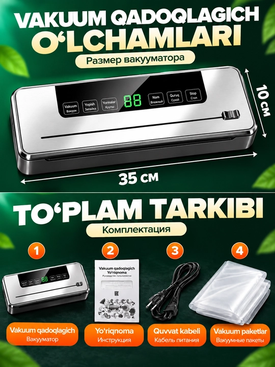 Muzlatilgan mahsulotlar uchun vakuumli qadoqlash uskunasi (50 paket bilan) kesgich bilan