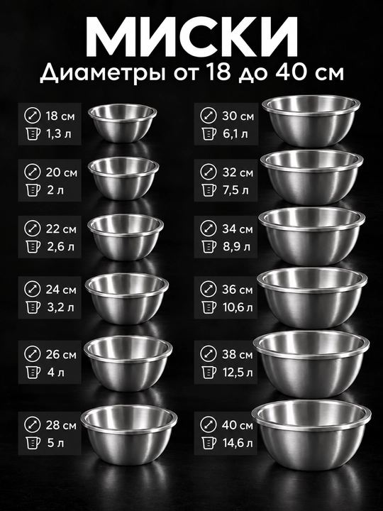 Таз из нержавеющей стали, 18–40 см, прочный и универсальный, для кухни