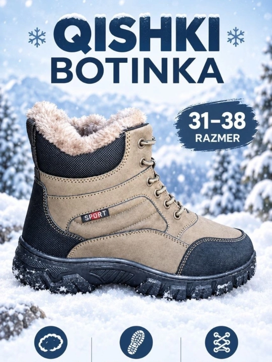O‘smir  bolalar qishki etik, issiq etik, mexli etik, qishki poyabzal
