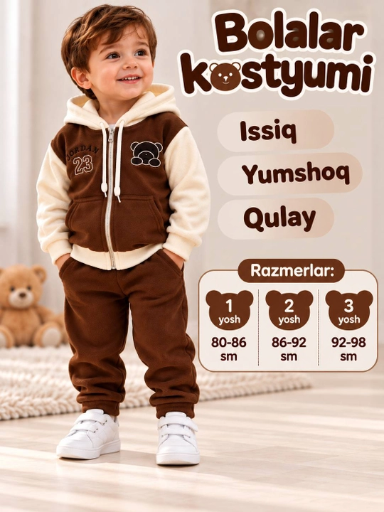 O‘g‘il bolalar uchun issiq fliz matosidan kostyum, kapyushonli kofta va shim, 1–3 yosh - 