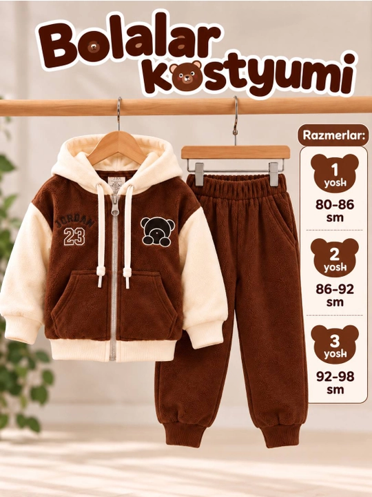 O‘g‘il bolalar uchun issiq fliz matosidan kostyum, kapyushonli kofta va shim, 1–3 yosh