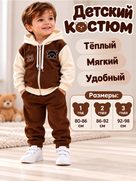 O‘g‘il bolalar uchun issiq fliz matosidan kostyum, kapyushonli kofta va shim, 1–3 yosh