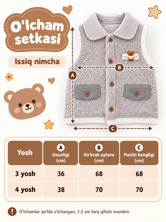 Bolalar nimchasi, bolalar jeletkasi razmerlari 3-4 yosh