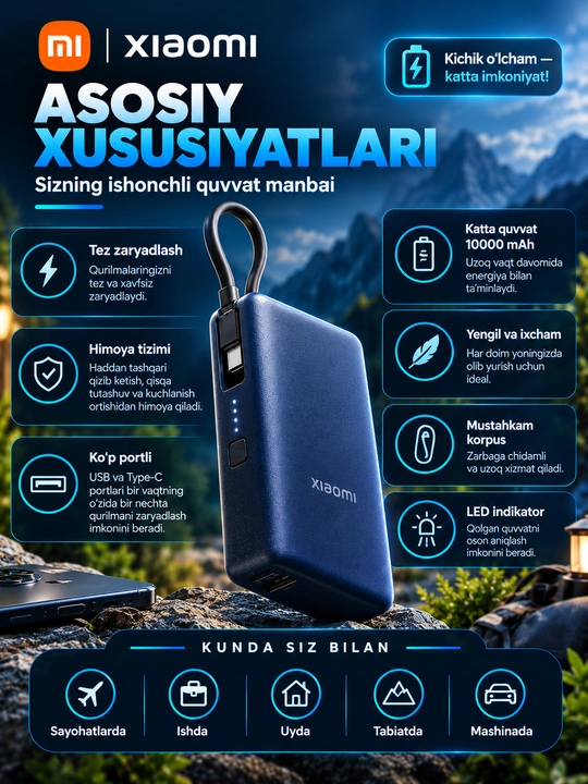 Powerbank Xiaomi X4 tez zaryadlovchi 33 Vt, 10000 mA/soat tashqi akkumulyator