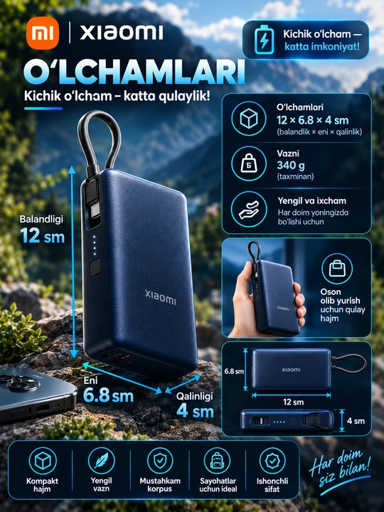 Powerbank Xiaomi X4 tez zaryadlovchi 33 Vt, 10000 mA/soat tashqi akkumulyator