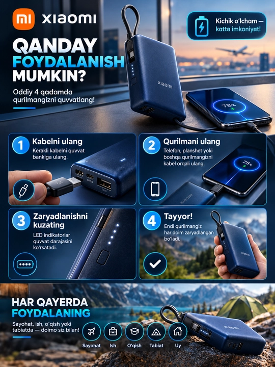 Powerbank Xiaomi X4 tez zaryadlovchi 33 Vt, 10000 mA/soat tashqi akkumulyator