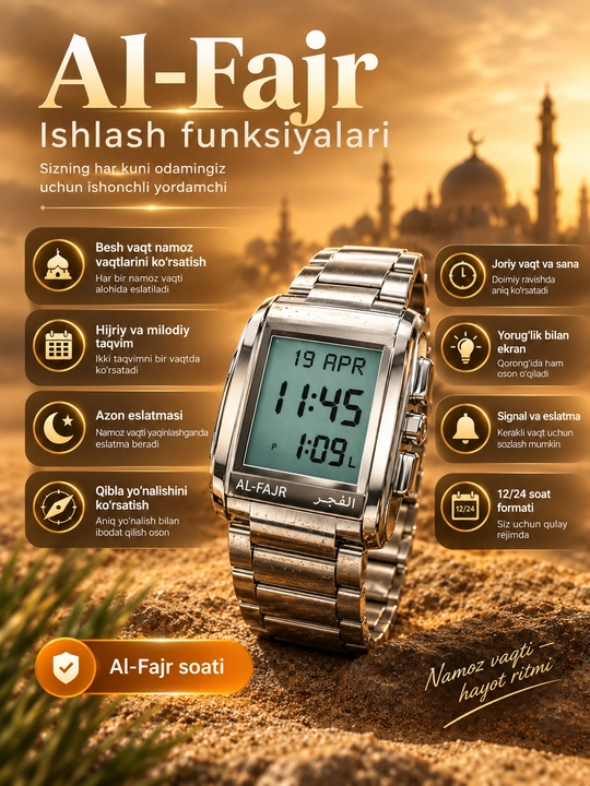 Al Fajr namoz vaqtini eslatuvchi suv o‘tkazmaydigan erkaklar soati