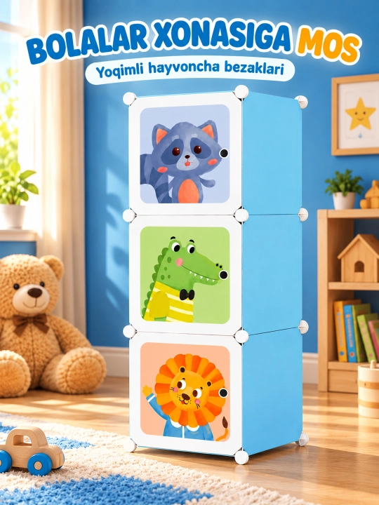 Шкаф для детей, пластиковый трёхъярусный органайзер с дверцами для хранения одежды