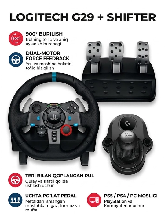 Комплект гоночного руля Logitech G29 + коробка передач Shifter, педали, ПК и PlayStation - 