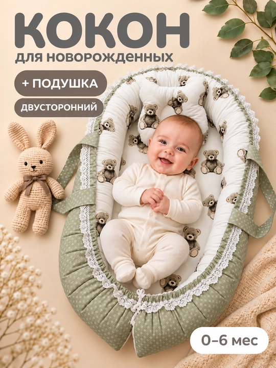Мягкое гнездо/кокон для малышей с ремнями. Подушка в подарок - 