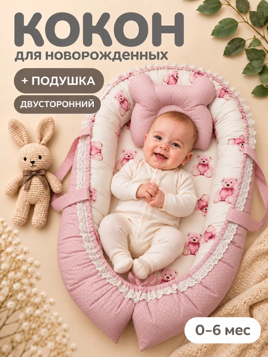Chaqaloqlar uchun yumshoq gnezdo/ kokon tasmali. Yostiq sovg'aga - 