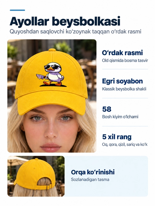 Ayollar uchun beysbolka, ko‘zoynakli o‘rdak tasviri, egri soyabon, 58 o‘lcham - 