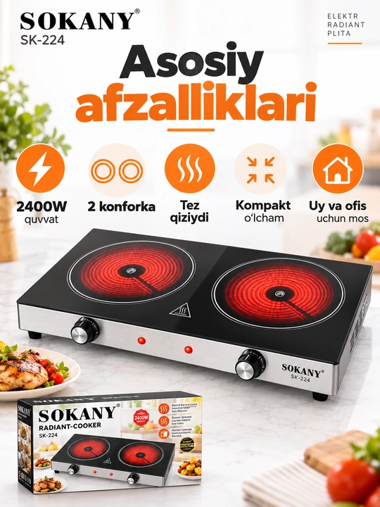Elektr plita SOKANY SK-224, 2400 Vt, 2 konforkali, stol usti elektr pechka, oshxona uchun