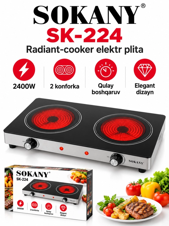 Elektr plita SOKANY SK-224, 2400 Vt, 2 konforkali, stol usti elektr pechka, oshxona uchun - 