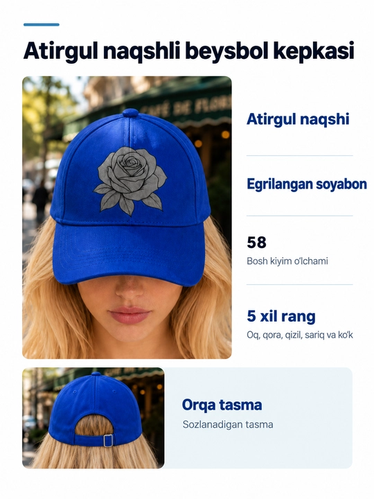 Ayollar uchun beysbolka, kulrang konturli atirgul tasviri, egri soyabon, 58 o‘lcham - 