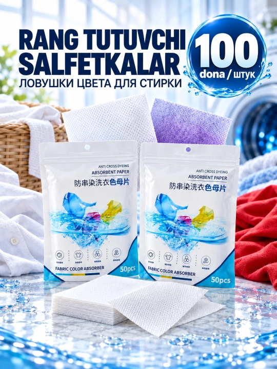 Салфетки для стирки, ловушка для цвета 100 шт, защита белья от окрашивания - 