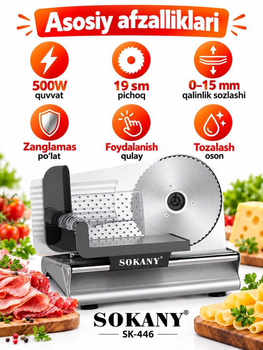 Электрический резак для мяса и колбасы SOKANY SK-446, 500 Вт, нож 19 см, 0–15 мм, слайсер
