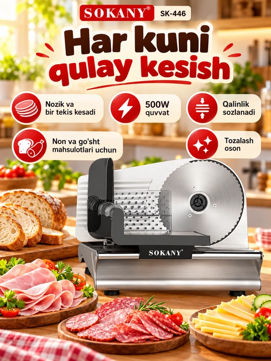 Электрический резак для мяса и колбасы SOKANY SK-446, 500 Вт, нож 19 см, 0–15 мм, слайсер