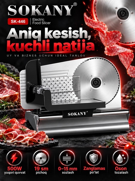 Электрический резак для мяса и колбасы SOKANY SK-446, 500 Вт, нож 19 см, 0–15 мм, слайсер