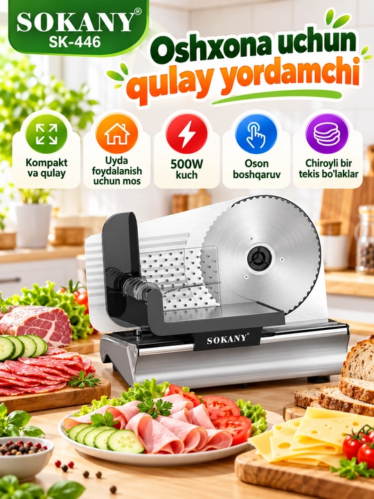 Elektr go‘sht va kolbasa kesgich SOKANY SK-446, 500 Vt, 19 sm pichoq, 0–15 mm, slayser - 