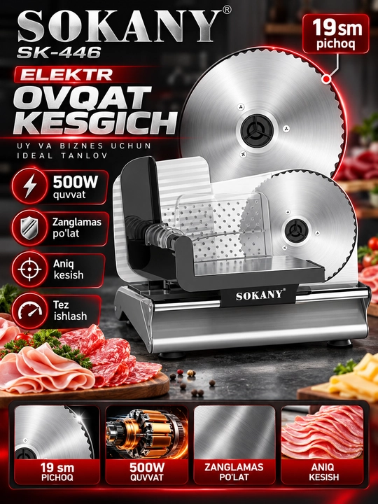 Электрический резак для мяса и колбасы SOKANY SK-446, 500 Вт, нож 19 см, 0–15 мм, слайсер
