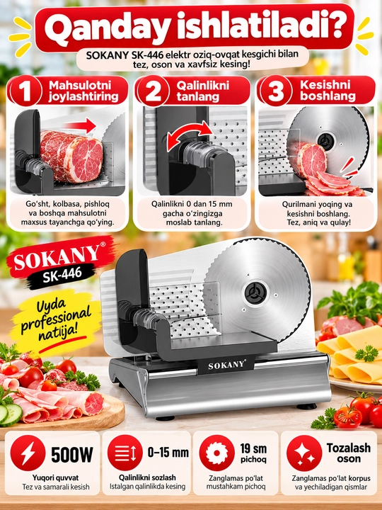 Электрический резак для мяса и колбасы SOKANY SK-446, 500 Вт, нож 19 см, 0–15 мм, слайсер