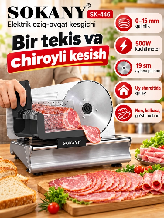 Электрический резак для мяса и колбасы SOKANY SK-446, 500 Вт, нож 19 см, 0–15 мм, слайсер
