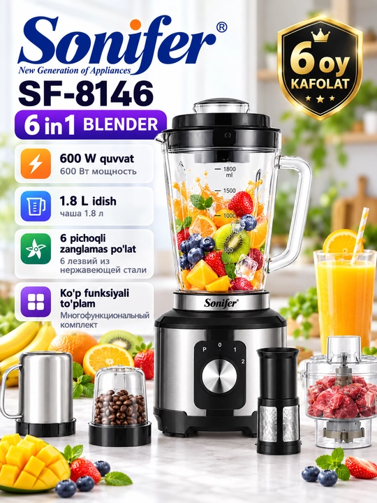 Sonifer SF-8146 600W statsionar blender, 1.8L, 6 tasi 1 da, maydalagich - 