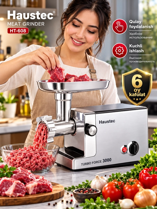 Haustec HT-608 3000W elektr go‘sht maydalagich, oshxona kombayni