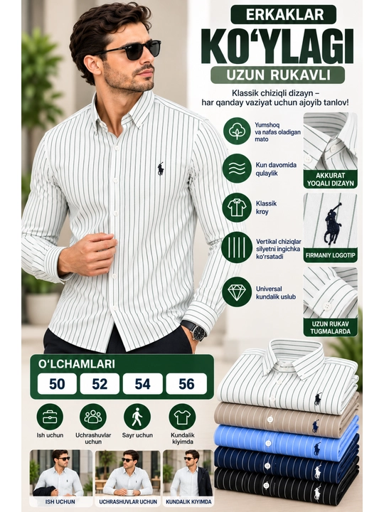 Erkaklar uchun yengi uzun chiziqli ko`ylak, Polo uslubida