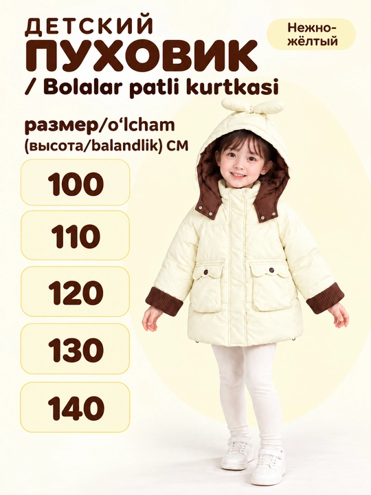 Bolalar qishki patli kurtkasi, oʻgʻil va qiz bolalar uchun issiq kurtka(100-140)