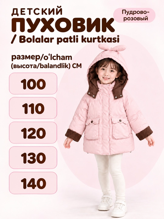 Bolalar qishki patli kurtkasi, oʻgʻil va qiz bolalar uchun issiq kurtka(100-140)